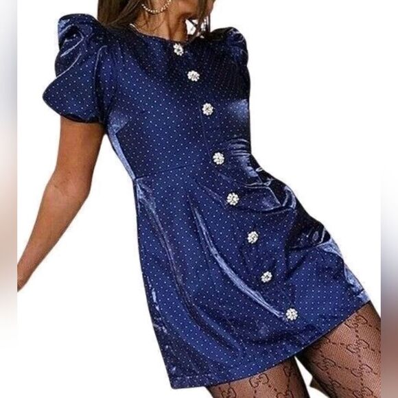 Danielle Bernstein Rhinestone Button Fit Flare Satin Mini Dress Navy Dots NWT - Picture 1 of 9